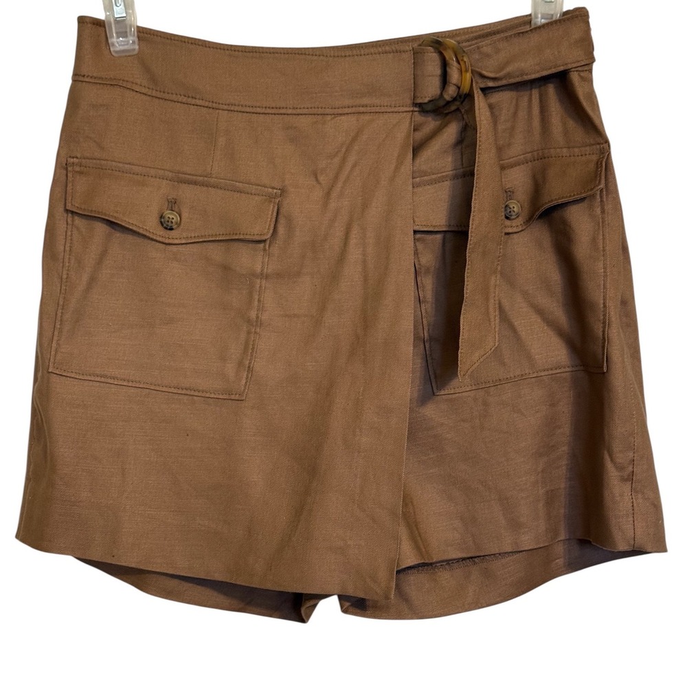 WHITE HOUSE BLACK MARKET Brown Linen Blend Wrap Skort Tortoise D-Ring Belted  S - Picture 2 of 8